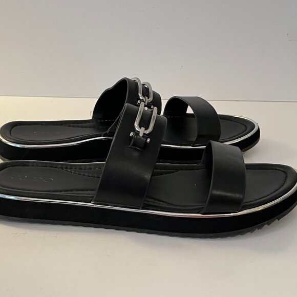 ALDO Lagoon Black Slide Sandals Silver Buckle Detailing ~ Women's Size 10 EUC 41 - Picture 4 of 8